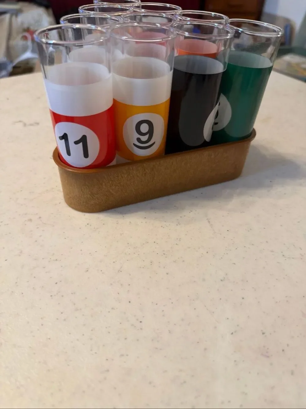 Set of 10 Numbered Billiard Pool Ball Shot Glasses with Plastic Triangle Rack